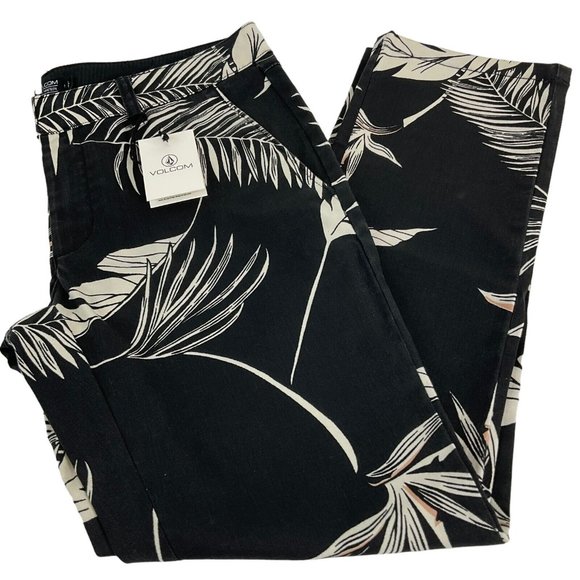 Volcom Dress Pants Womens Sz 5 Black Palm Tropical Straight Leg Mid Rise $75 Nwt - Picture 3 of 11